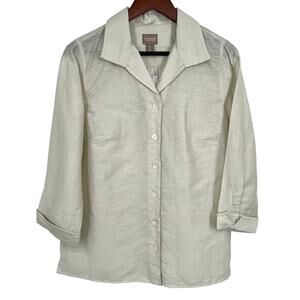 NEW NWT Chicos Size 1 Medium Beige LINEN BLEND Blouse Shirt Top Beach Tropical